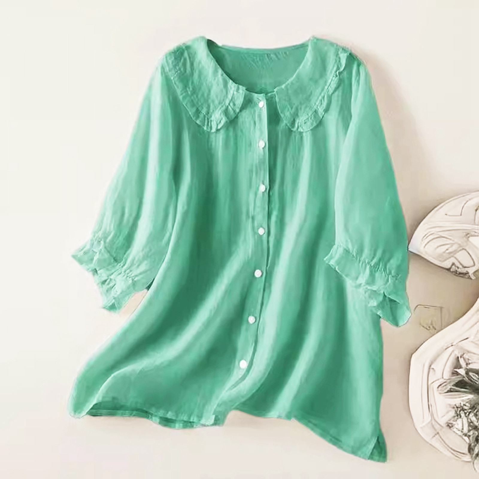 thumbnail image 2 of Camisa de lino de color liso con botones y manga 3/4 para mujer - Top bordado de mezcla de algodón, tallas S-XXXL, 2 of 8